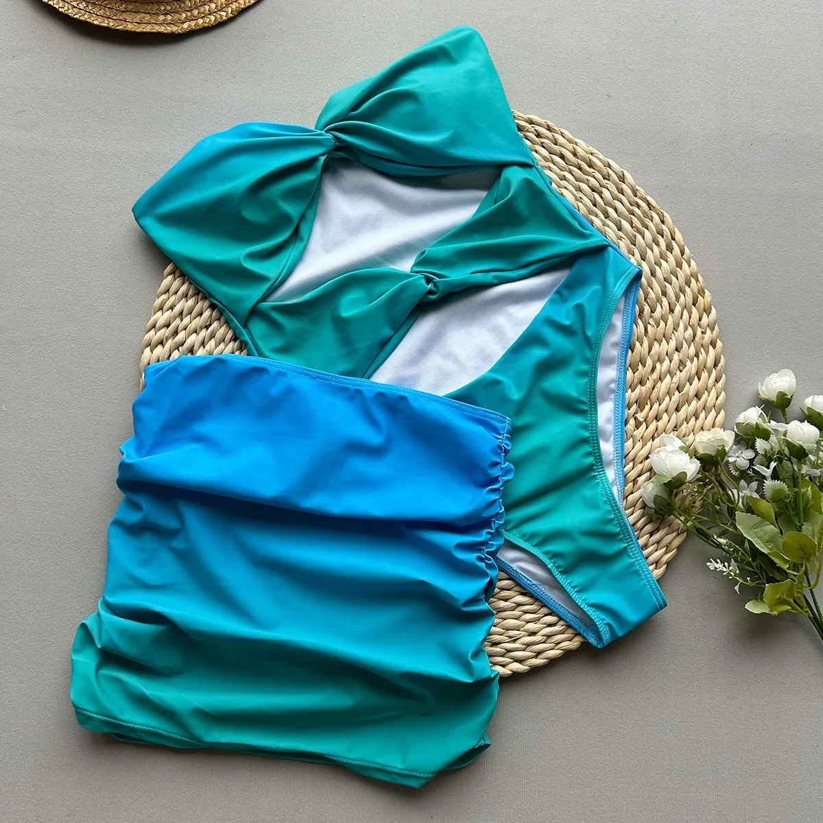 Vintage Blue Gradient One Piece Swimsuit Skirt Set Women Bandeau Hollow Front Bow Beach Bathing Suit Slim Holiday Swimwear 2025