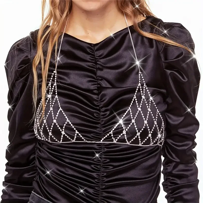 Sexy Ultra Flash Rhinestone Mesh Hollow Chest Chain Ladies nightclub Carnival Bling Crystal Suspter Bra Body Chain Jewelry Gift