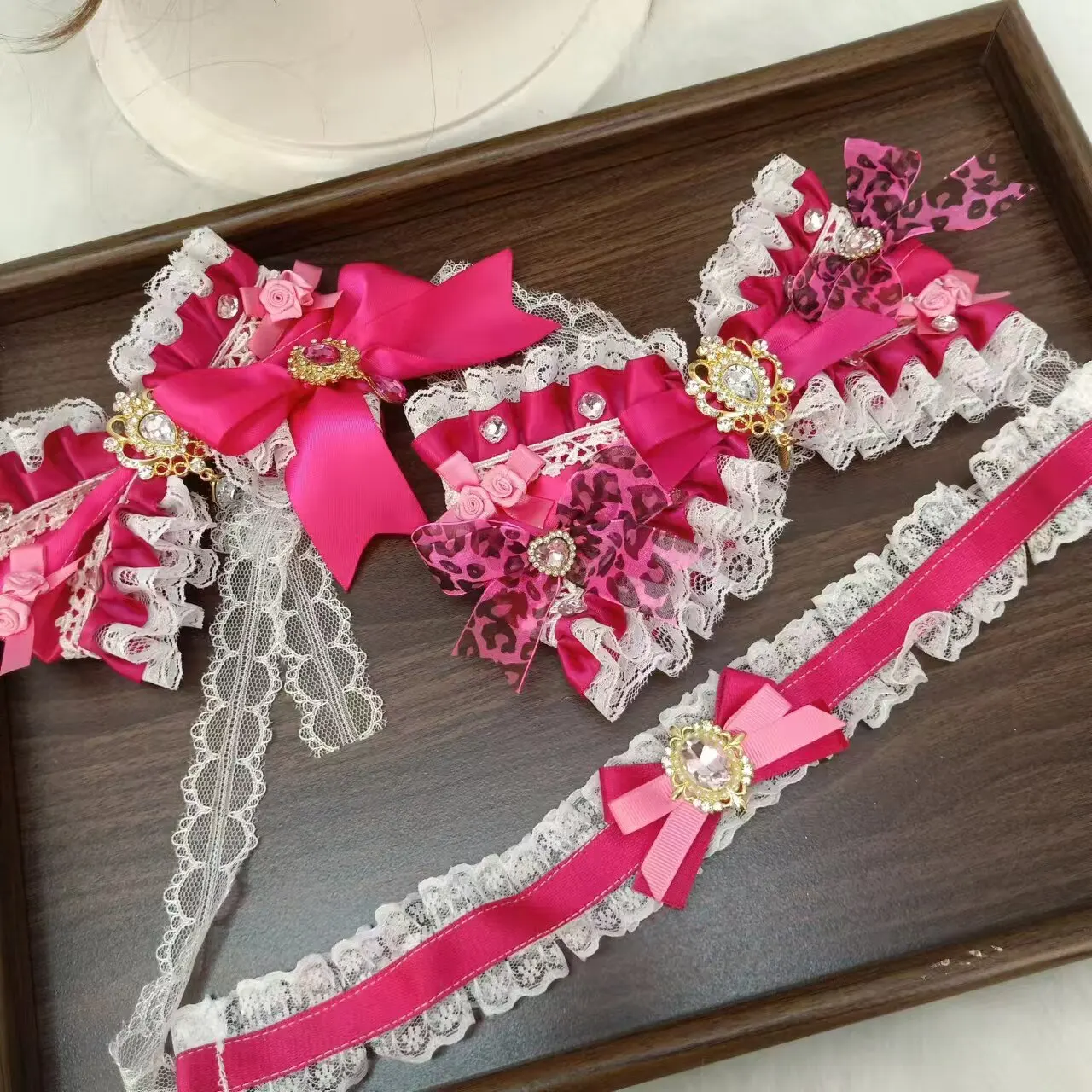 Handmade Heavy Industry J Rose Red Subculture Rose Red Jersey Leopard Print Y2k Millennial Style Hair Accessories Necklace