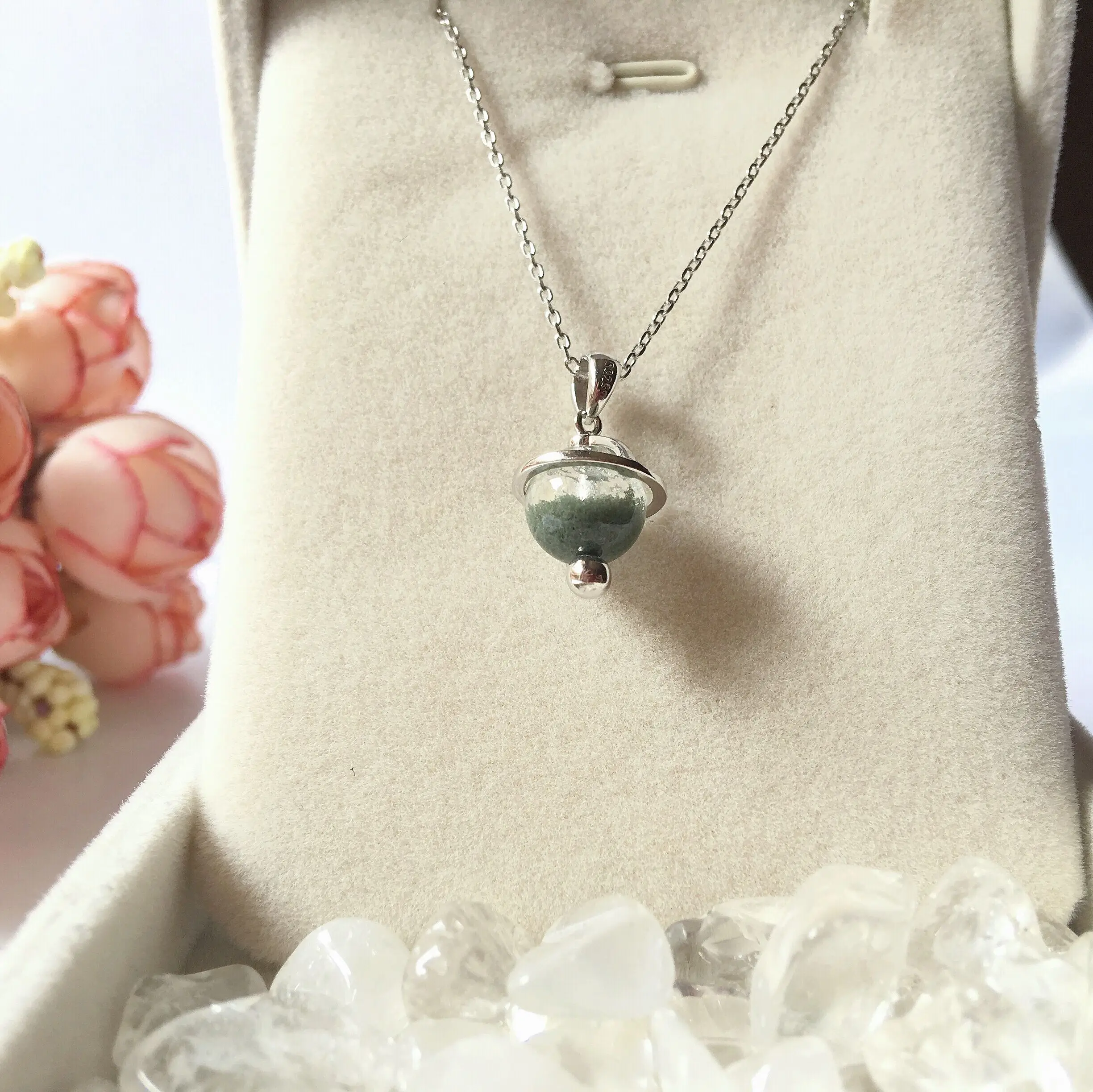 Natural Crystal Garden Stone Green Ghost Stone 925 Sterling Silver Pendant Healing Gemstone Phantom Necklace Women JewelleryGift