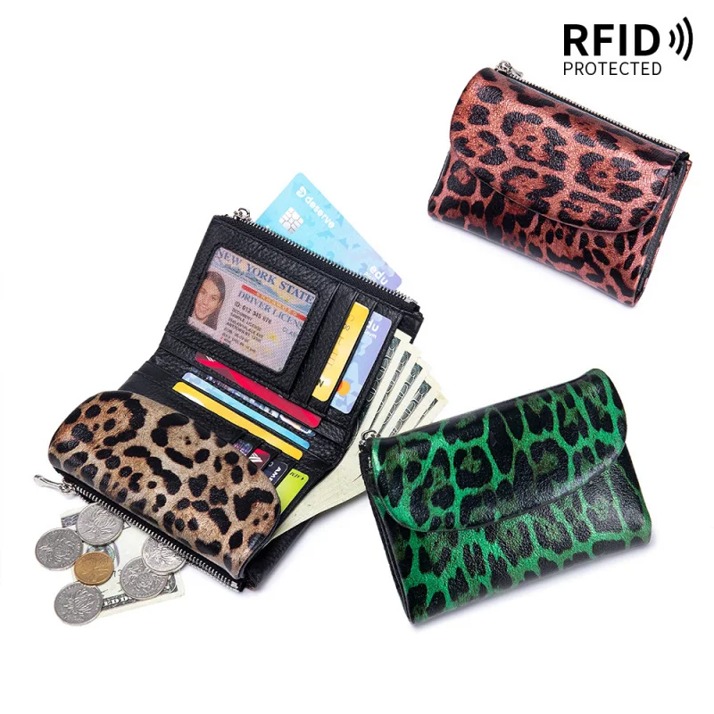 Western Leopard Print RDIF Blockig Cowhide Leather Women Wallet Fashion Large Capacity Card Holder Purse for Ladies
