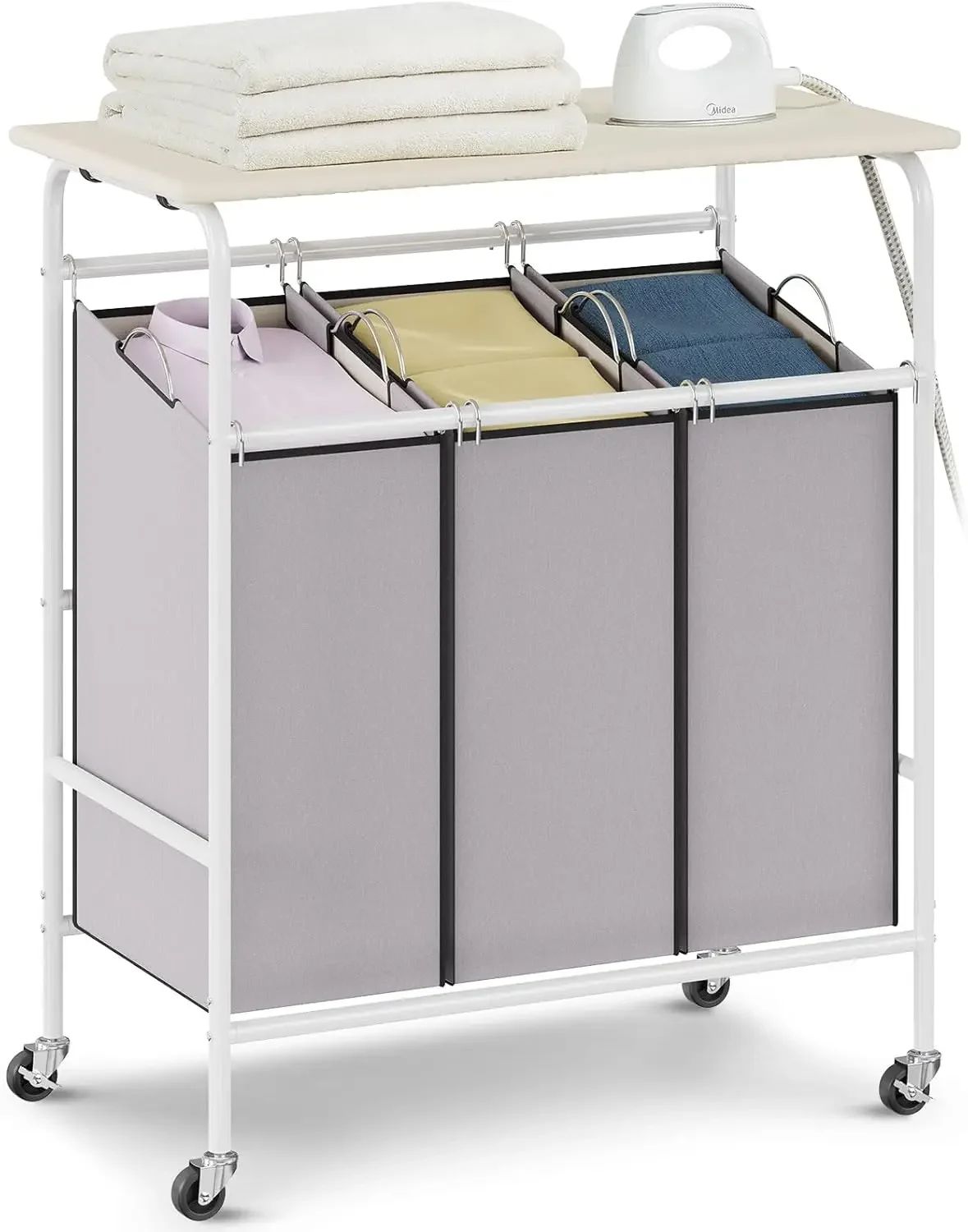 

3-Section Laundry Sorter Cart with Ironing Board, Laundry Hamper with Heavy Duty Lockable Wheels and 3 Removable Bag