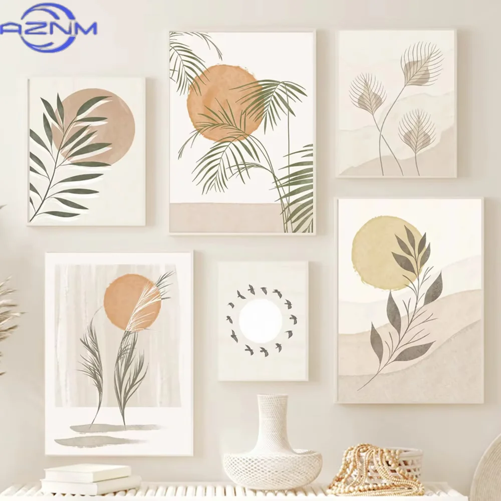 Leaves Sun Green Plants Abstract Boho Wall Art Canvas Painting Nordic Posters Mid Century Modern Print Picture Living Room Decor