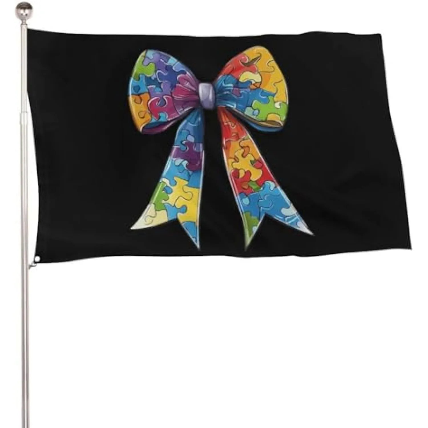 Autism Awareness Puzzle Ribbon Bow Black Garden Flag Durable Outdoor Indoor Banner