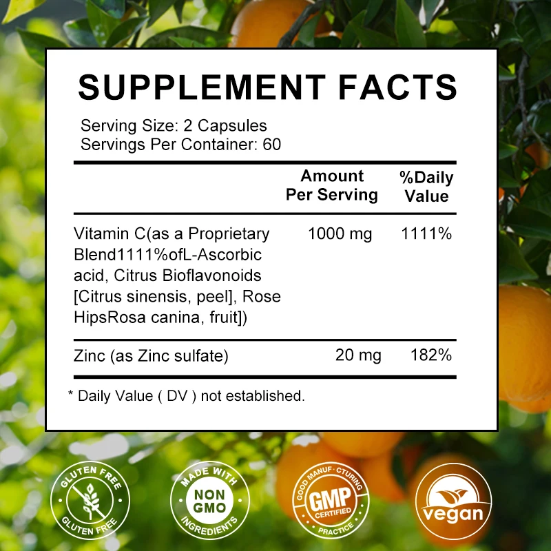 Vitamin C Plus Zinc Supplement 1000mg Vitamin C With 20mg Zinc Capsule Immune Support, Energy Production For Whole Family