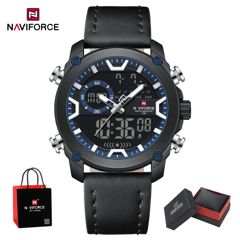 NAVIFORCE Men Dual Display Watch Genuine Leather Strap 3ATM Waterproof Movement Luminous Sport Wristwatch Gifts box