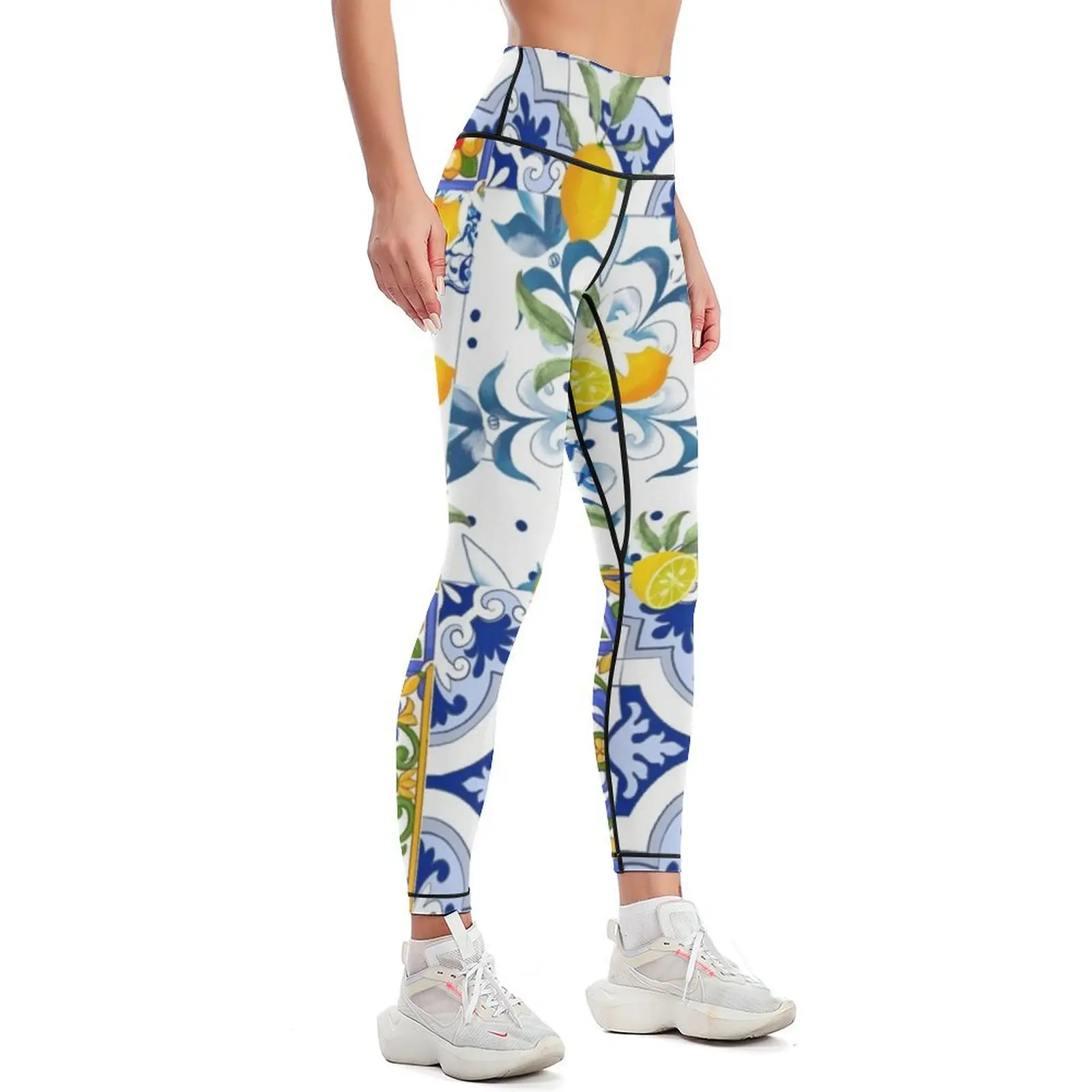 Summer,citrus,mosaic background ,Mediterranean style,lemon fruit pattern Leggings push up legging Womens Leggings