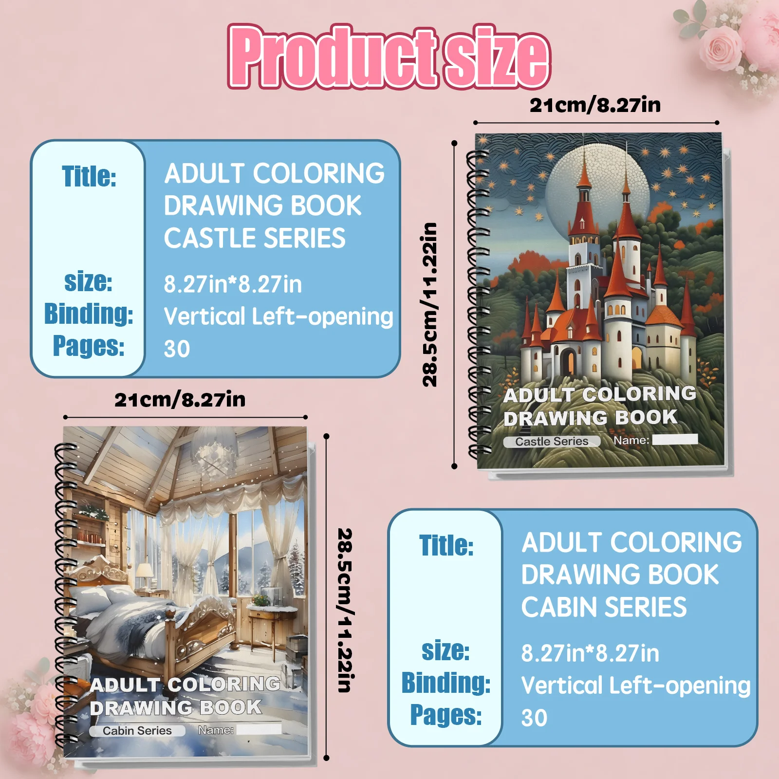Castle & Cabin Adult Coloring Book Set 2-Pack: Top Spiral Bound Fantasy Coloring Drawing Books, 8.27 x 8.27 in, 30 Pages Each view 3