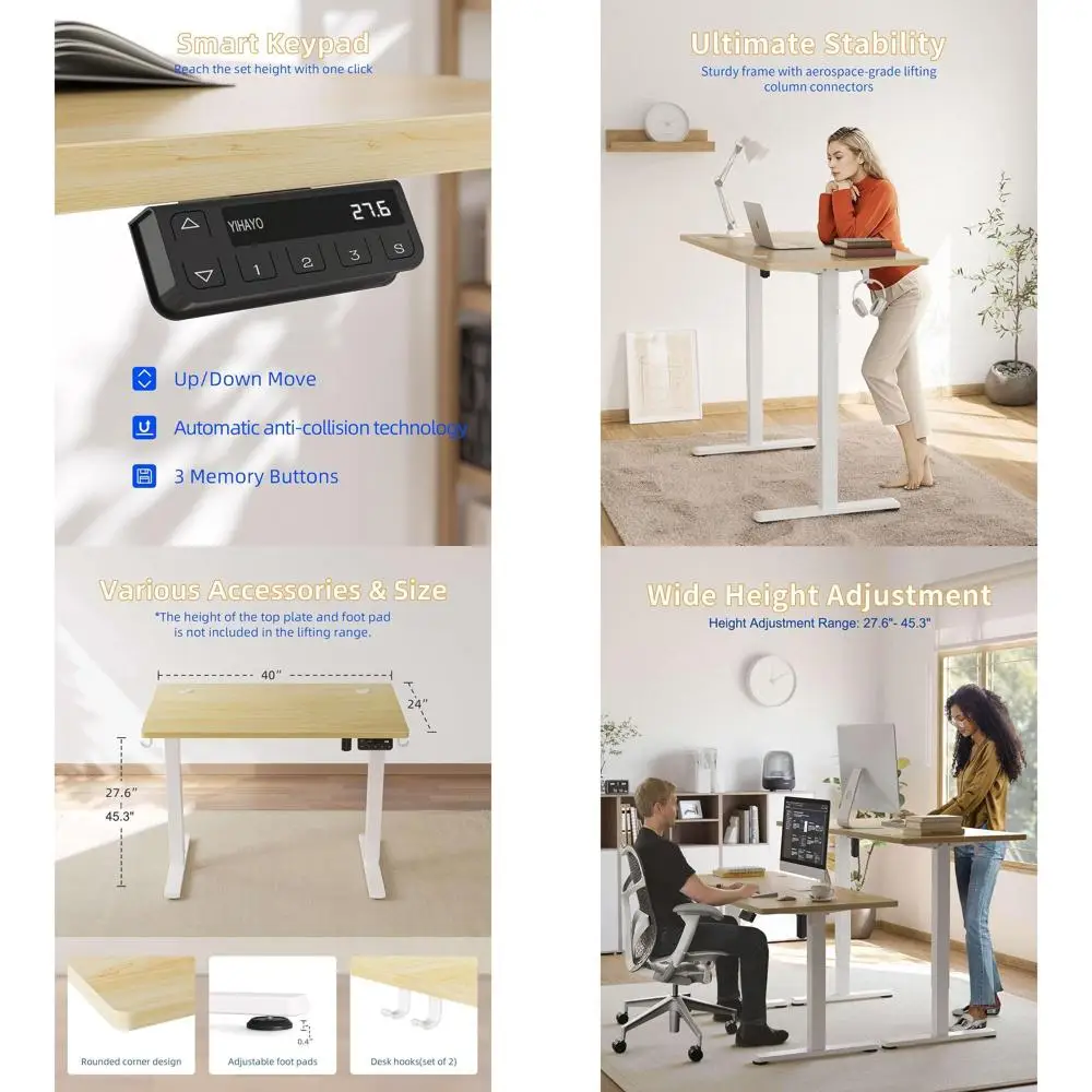 مكتب قائم مريح باللون الأبيض، ارتفاع قابل للتعديل 40 × 24، لوح مقسم، مكتب كمبيوتر للمكتب المنزلي مع سطح من الخشب الطبيعي #1