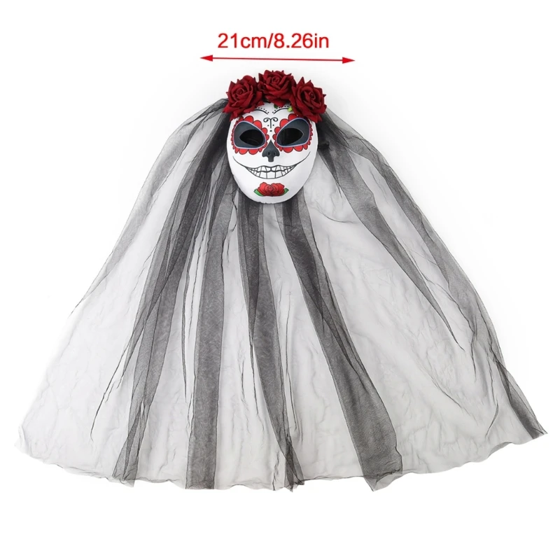 Day of the Dead Mask with Rose Veil Halloween Scary Bride Mask for Women Cosplay