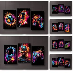 Modern Watercolor Abstract Black Poster Ball Games Console Headset Soldier Canvas Painting for Gaming Room Home Decoration