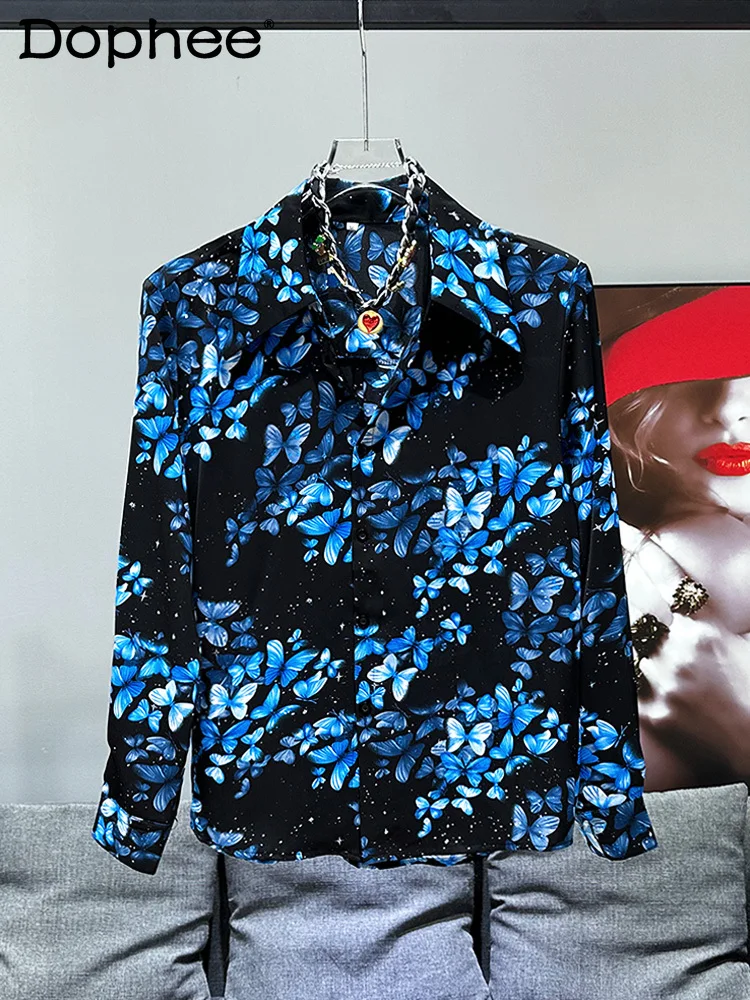 

2024 Spring New Fashion Butterfly Printed Shirts Handsome Loose Comfort Shirts Casual All-match Long Sleeves Men's Shirt