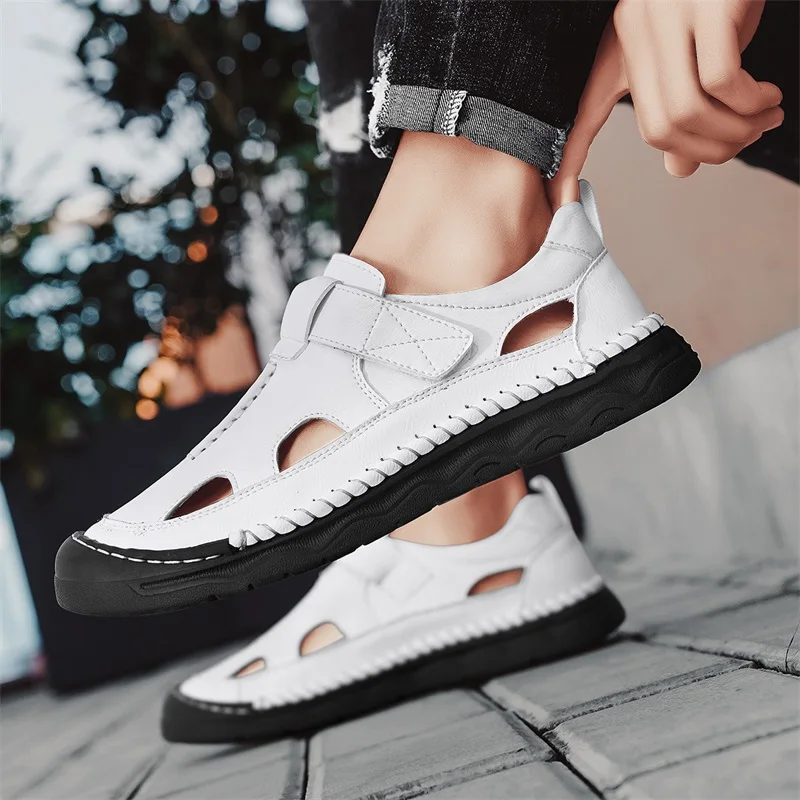 Men Summer Brand Fashion Casual Sandals Male Handsewn Comfy Soft Beach Sandal Breathable Hollow Out Leather Outdoor Leisure Shoe