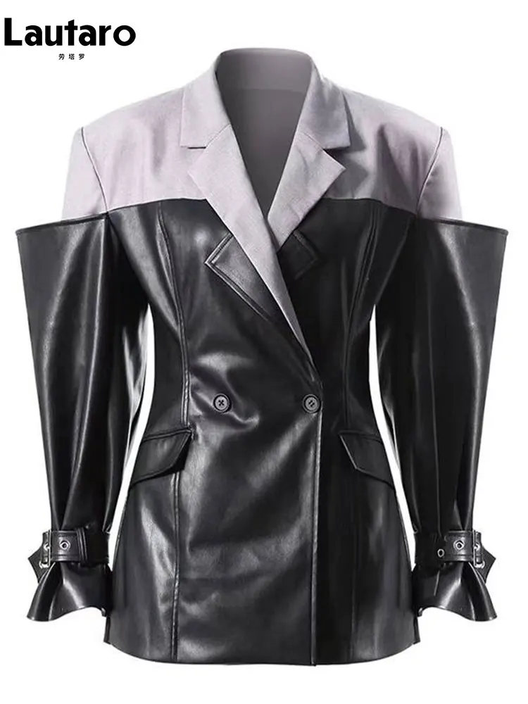 

Lautaro Spring Autumn Fitted Woolen Patchwork Pu Leather Blazer Jacket Women Elegant Luxury Designer Fake 2 Pieces Clothes 2026