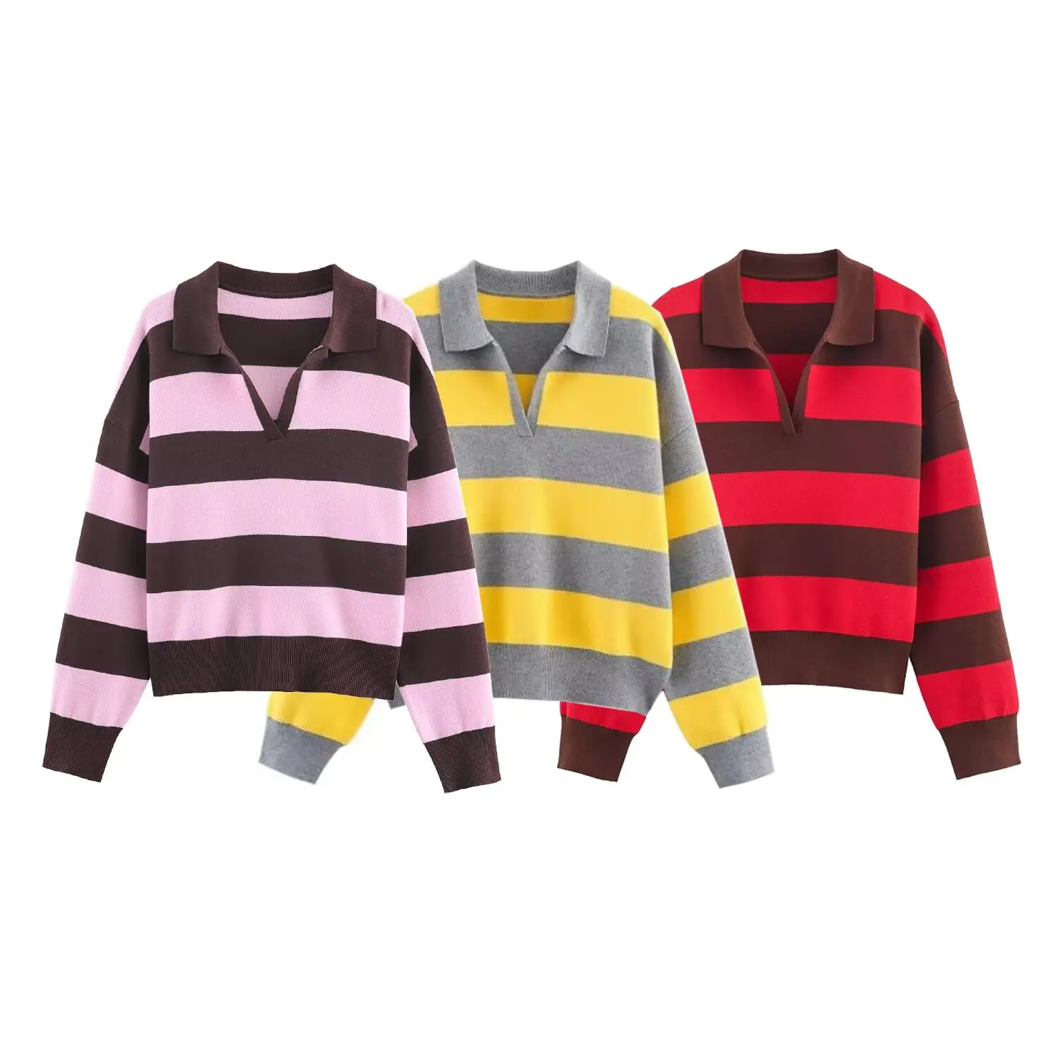

2025 WOMAN Fashion European and American Style Winter New Multicolor Striped POLO Collar Long Sleeve Knitted Pullover Mujer