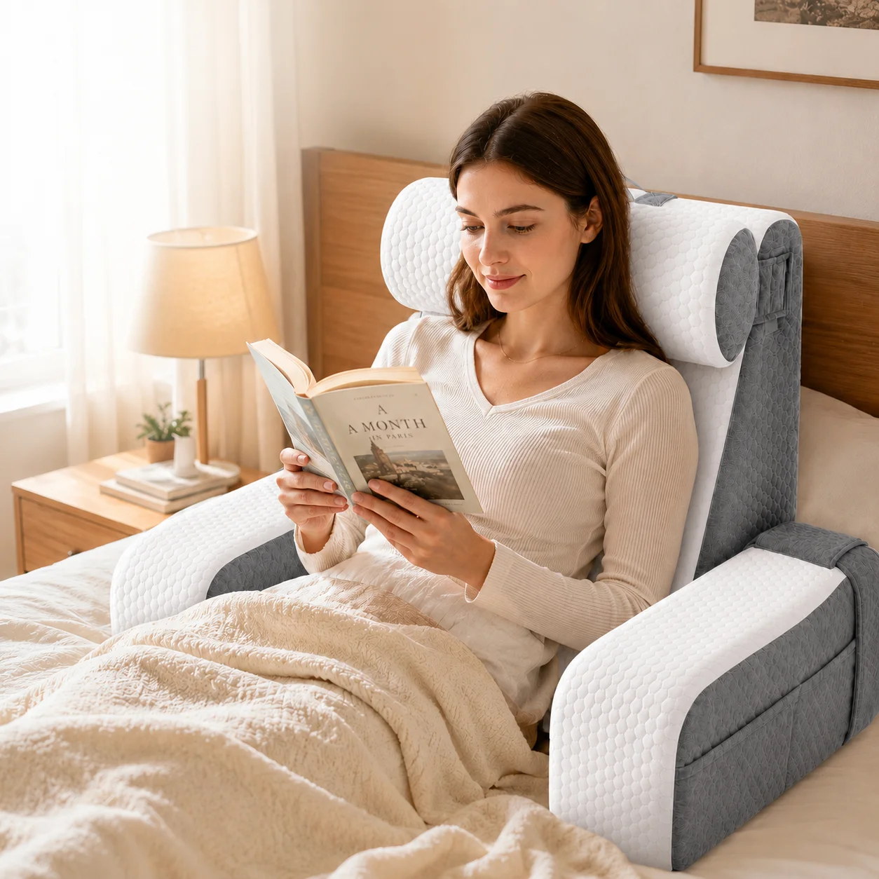 Reading Pillow with Neck & Lumbar Support Soft Memory Foam Bed Rest Pillow with Armrest for Reading Working on Bed Sofa Floor