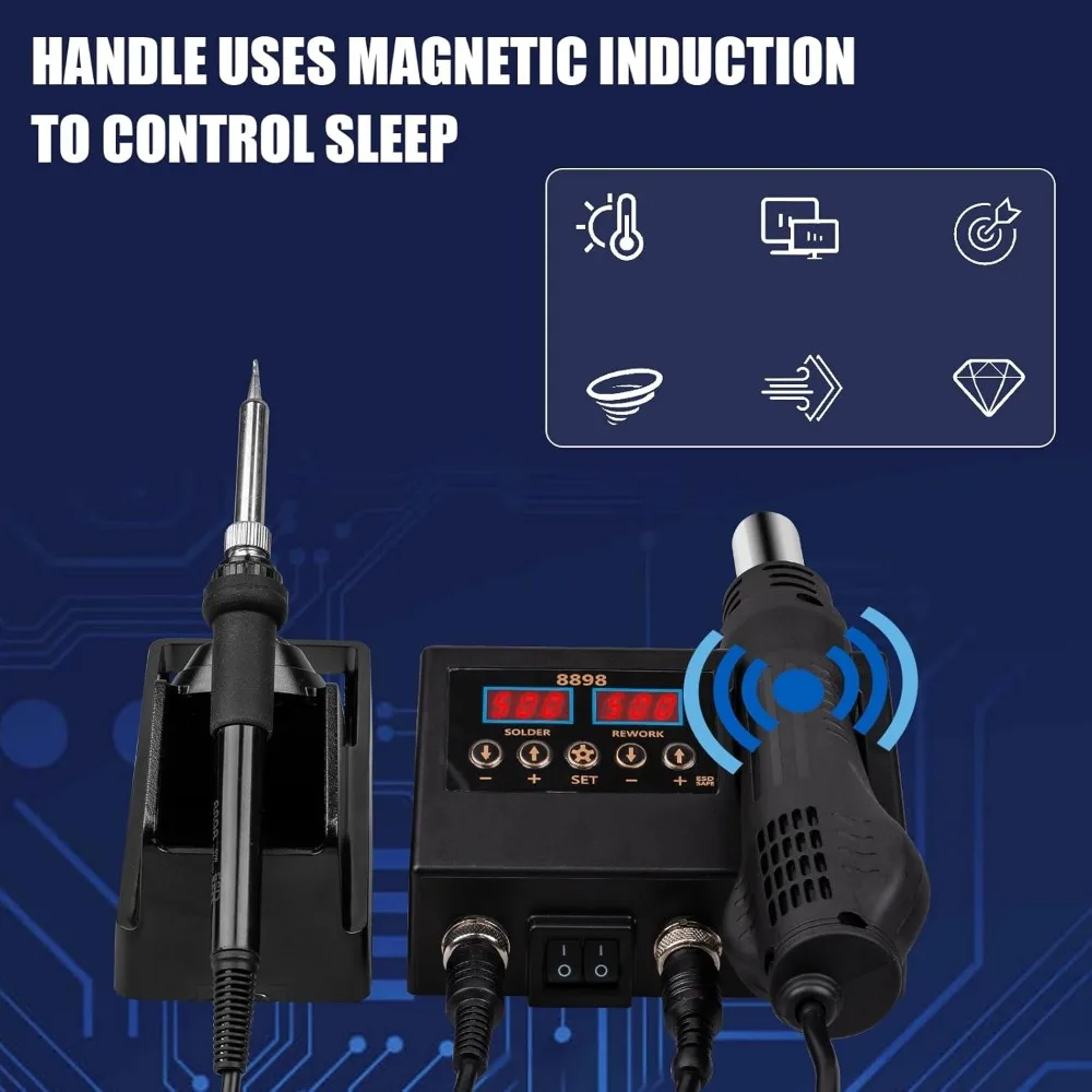 Цифровая паяльная станция 2-в-1 с фен-нагревателем, регулируемой температурой и функцией автоматического сна