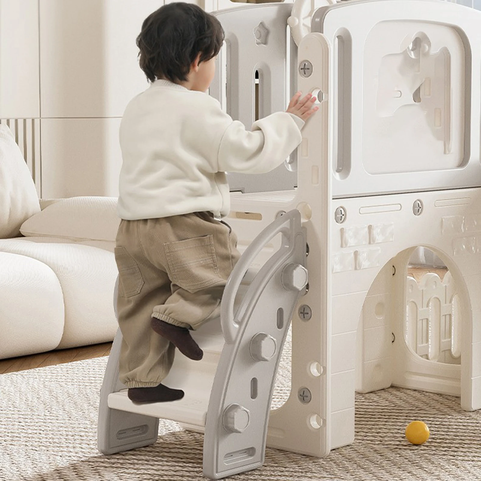 Babyrutsche Kleinkind Rutschfeste Sicherheitsgeländer Innenbereich Wohnzimmer Spielzeug für 1-3 Jahre Alte, Kinderrutsche mit Schaukel und Basketballkorb