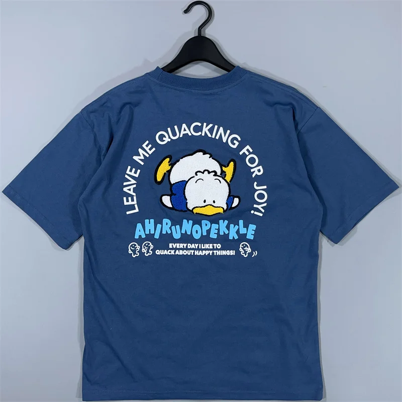 مناشف خلفية مطبوعة أمامية وخلفية على الطراز الياباني، مطرزة برقبة دائرية وأكمام قصيرة، رسوم متحركة فضفاضة كبيرة الحجم للرجال والنساء