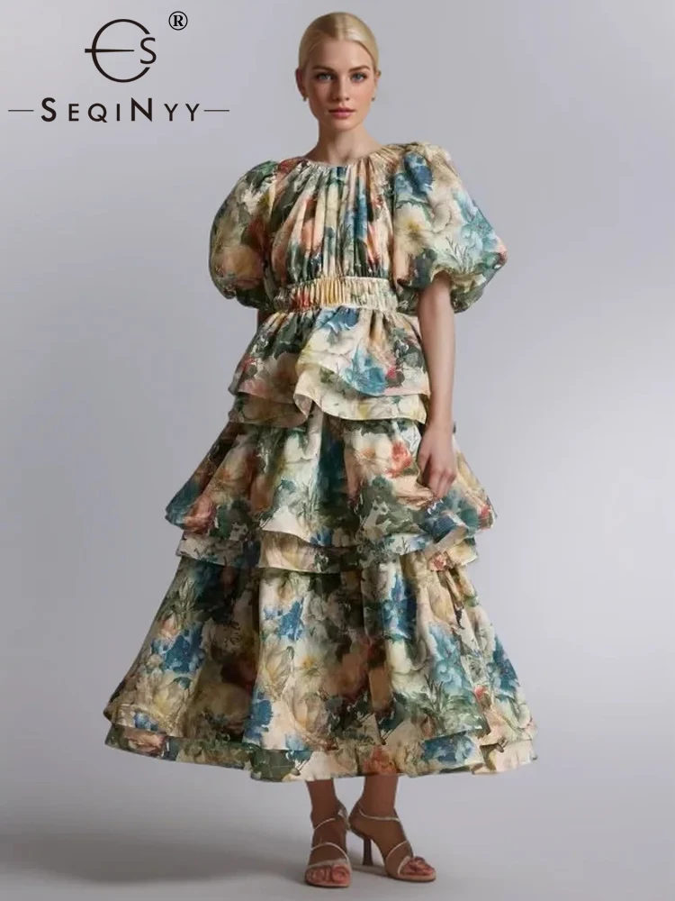 

SEQINYY Elegant Midi Dress Summer Spring New Fashion Design Women Runway Short Puff Sleeve Vintage Flower Print Cake Ruffles