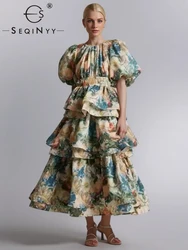 SEQINYY Elegant Midi Dress Summer Spring New Fashion Design Women Runway Short Puff Sleeve Vintage Flower Print Cake Ruffles