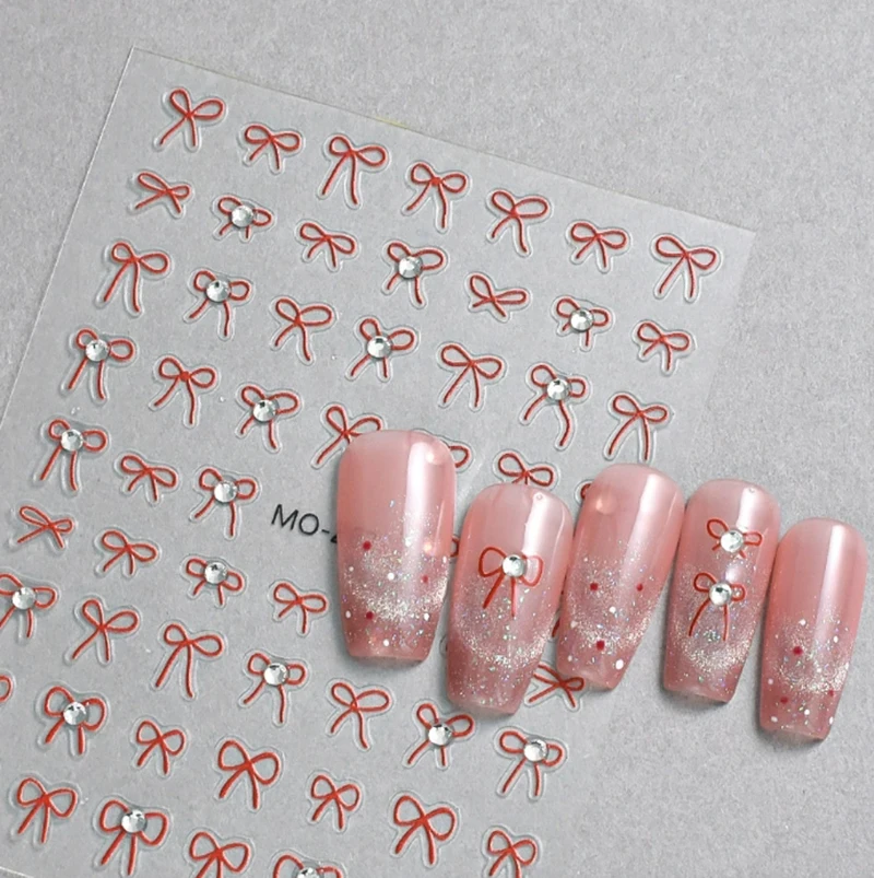 5D 엠보싱 네일 아트 스티커 다이아몬드 스터드 레드 블랙 화이트 보우 매듭 데칼 네일 팁 매니큐어 장식