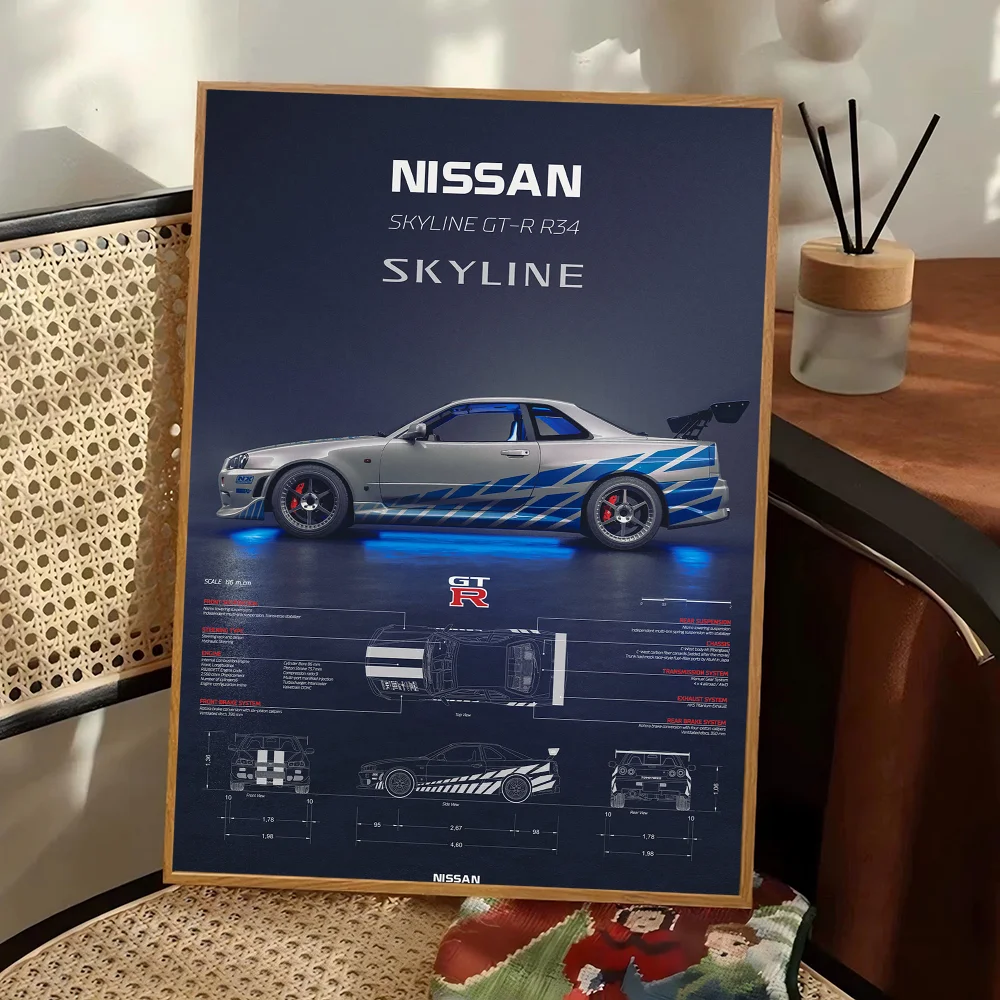 Luxury Super Sport Car R34 GTR 240sx Classic Vintage Posters Decoracion Painting Wall Art White Kraft Paper Kawaii Room Decor