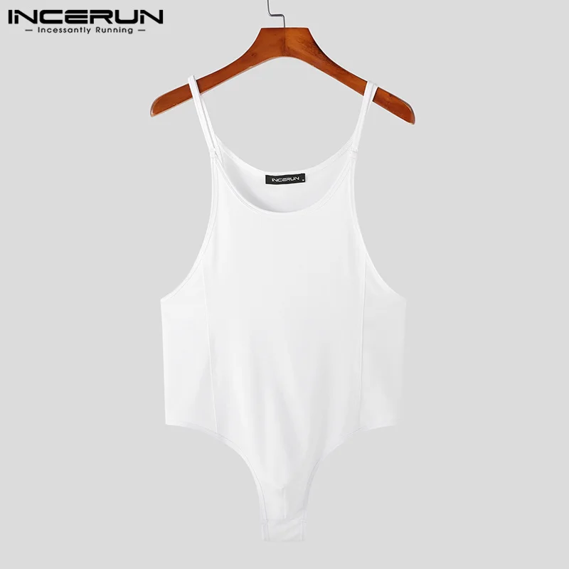 INCERUN Men Bodysuits Solid Color O-neck Sleeveless Skinny Sexy Streetwear Pajamas Rompers 2023 Casual Tank Tops Bodysuit S-5XL