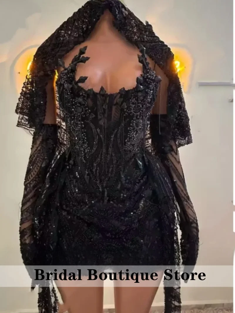 Black Crystal Beaded Homecoming Prom Dress With Veil Cocktail Valentine\'s Day Birthday Dress Luxury 2026 Blackgirl Customized