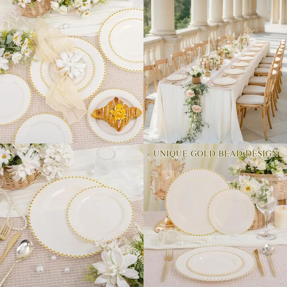 

Set of 100 Elegant Ivory & Gold Bead Plastic Plates - 50 Dinner & 50 Dessert Plates for Festive Occasions