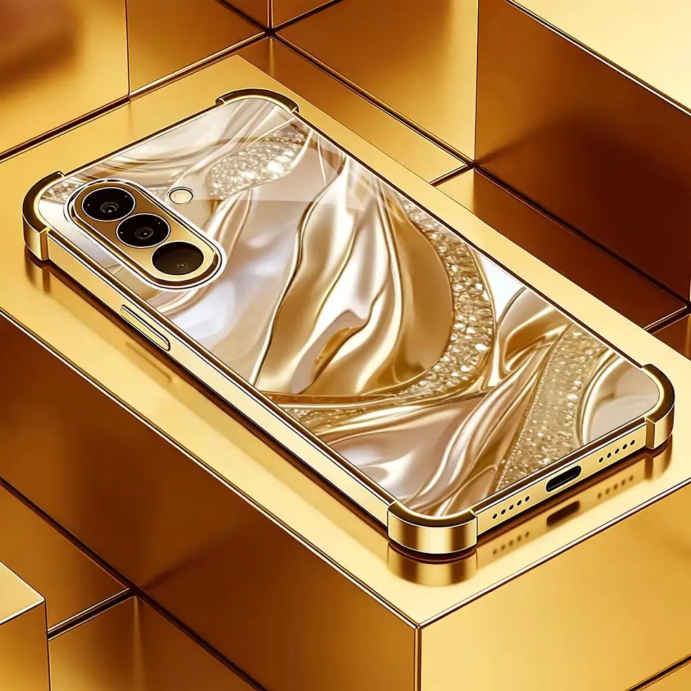 Golden wave pattern anti drop glass phone case suitable for Samsung Galaxy S26 S25 S24 S22 S21 S20 FE/Ultra/Plus back cover