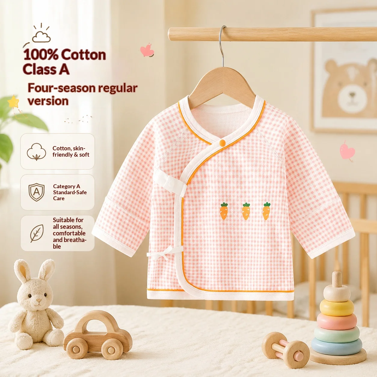 Four Seasons Regular Infant Half Back Clothes A Grade Skin Friendly Boneless Seam Baby Blouse Side Wrap Tie Closure Cute Carrot