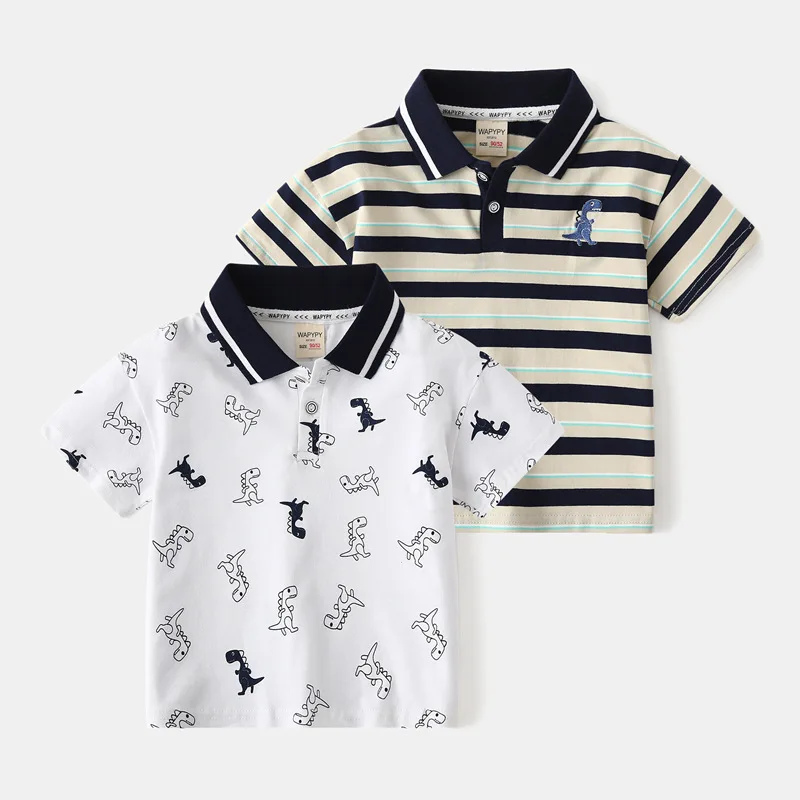 Fashion children's clothing top 2025 summer clothing Korean version boys' dinosaur series short sleeved polo shirt baby T-shirt