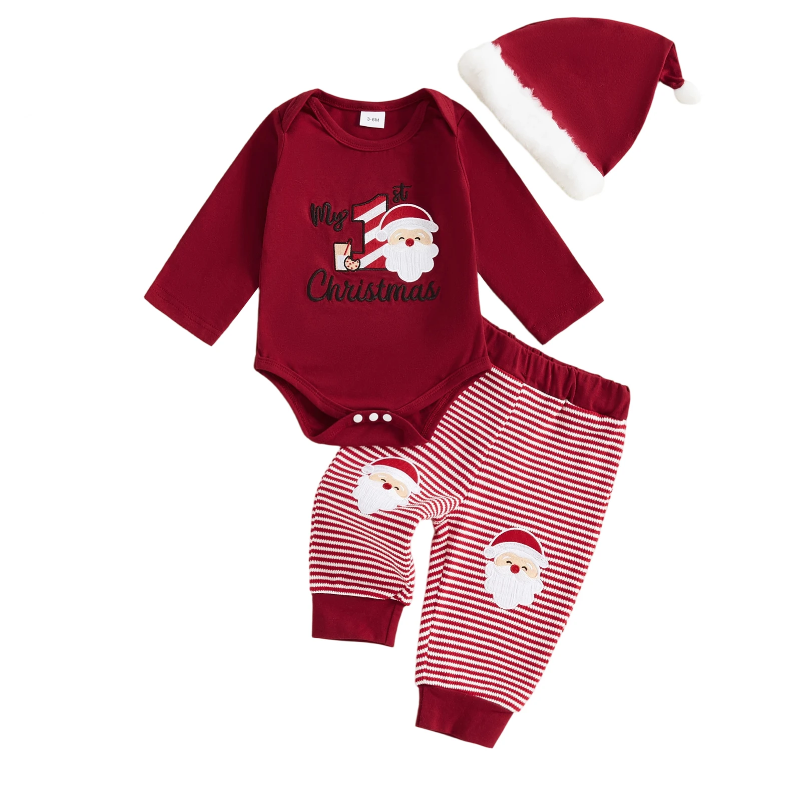 

Baby Boy Christmas Clothes Letter Santa Embroidery Long Sleeve Romper Stripe Pants and Hat 3Pcs Outfit