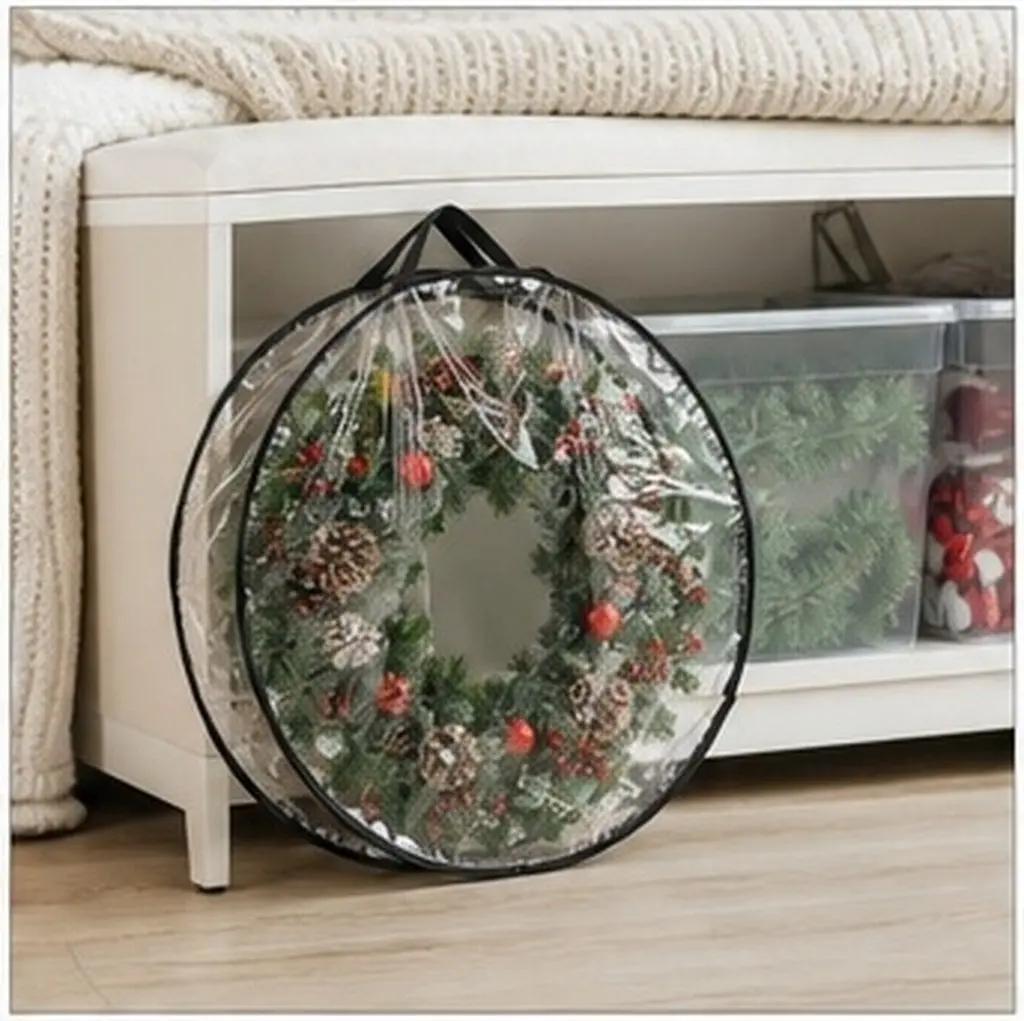 Clear Waterproof Christmas Wreath Storage Bag 30 Inch Foldable Dual Zipper Organizer Tote Handle Seasonal Garland Protector