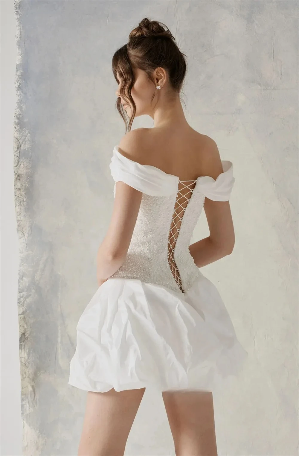 Customized Graceful Chic Off Shoulder Beaded Mini Wedding Dress Draped Organza Sleeve Slim Fitted Bubble For Bridal Party