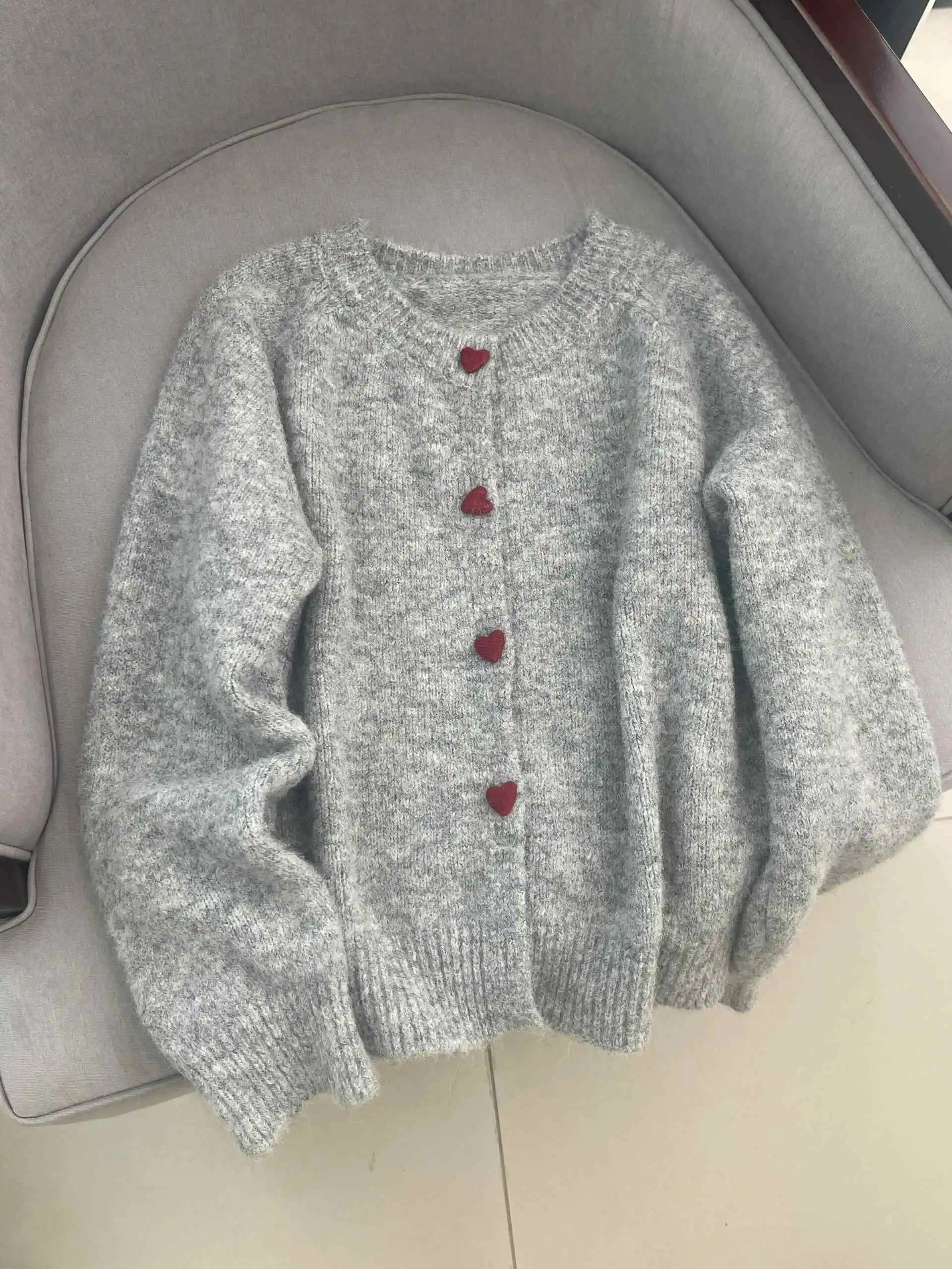 Gray Heart Buttons Women Sweater Coat 2024 Autumn New O-Neck Knitted Cardigan Lady Long Sleeve Soft Knitwear Top