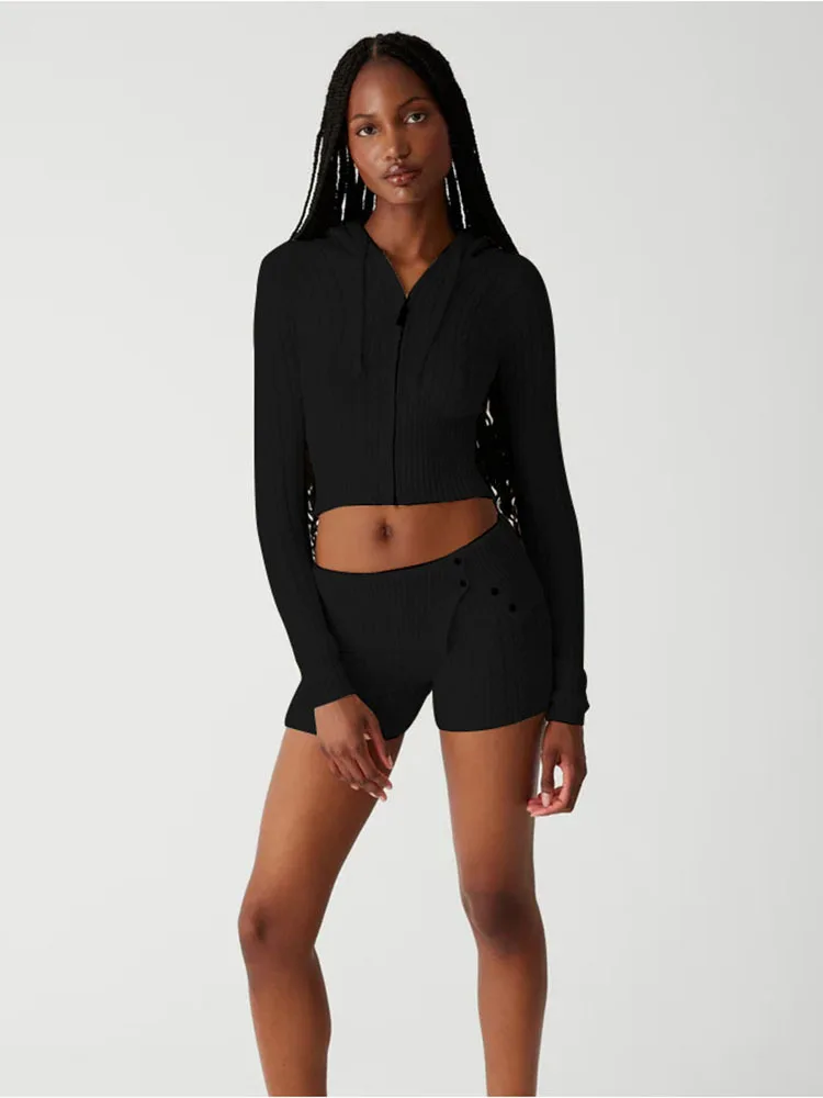 Apprabant Casual Fashion Shorts Set Slim Fitting Hooded Top Zipper Long Sleeve Solid Coat Sheath High Waist Shorts Sports Suit