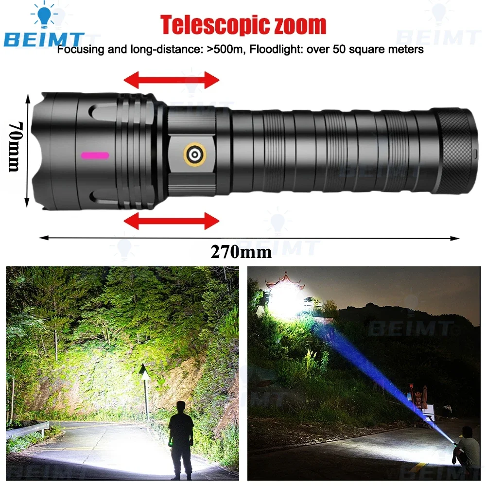 Super Bright Whtie Laser LED Zoomable Flashlight Type-C Charging Tactical Torch Multi Functional Outdoor Hiking Camping Handlamp