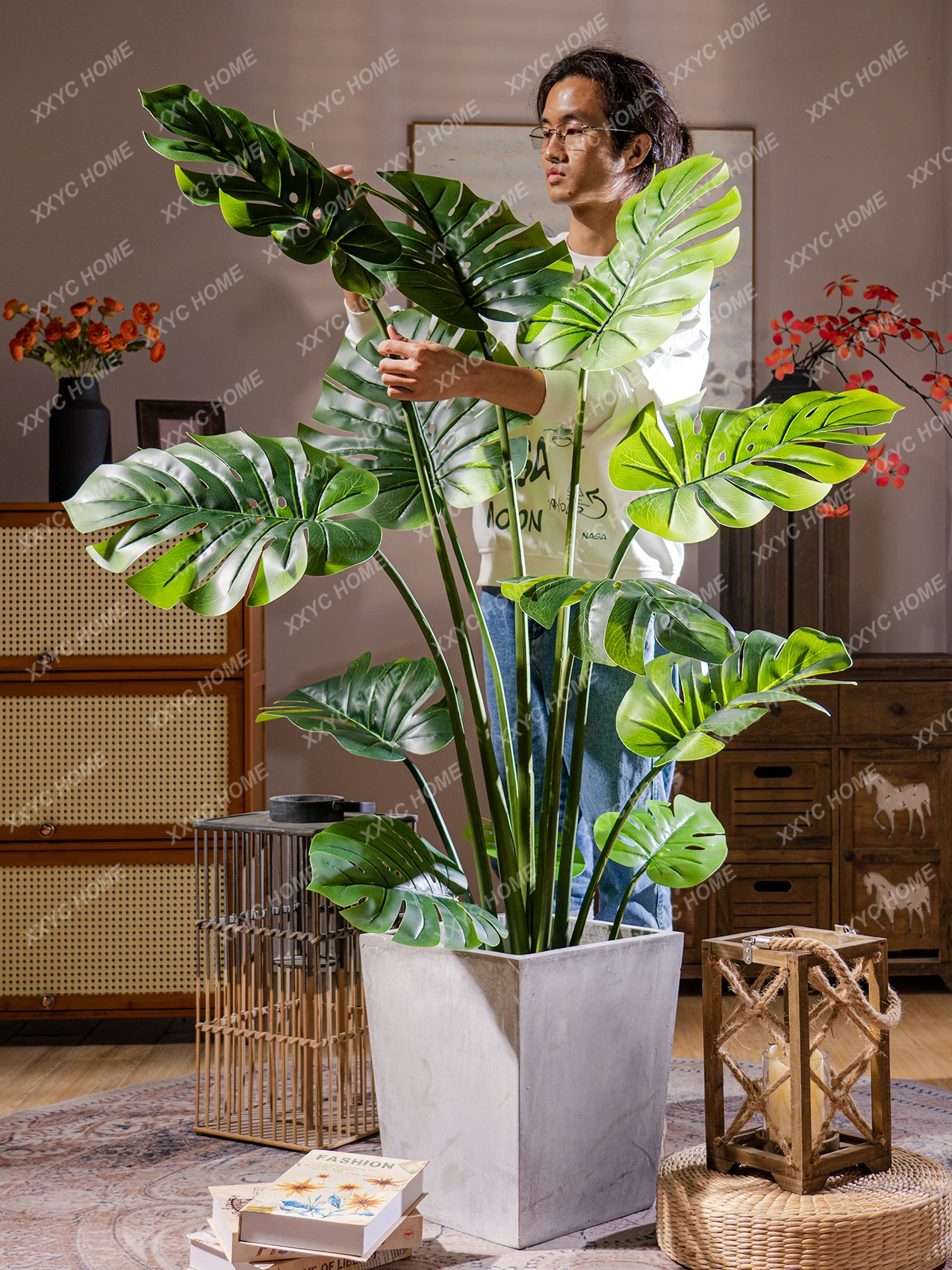 Large Simulation Monstera Deliciosa Fake Trees Plant Bionic Green Plant Monstera Pot Indoor Living Room Decoration Ornaments