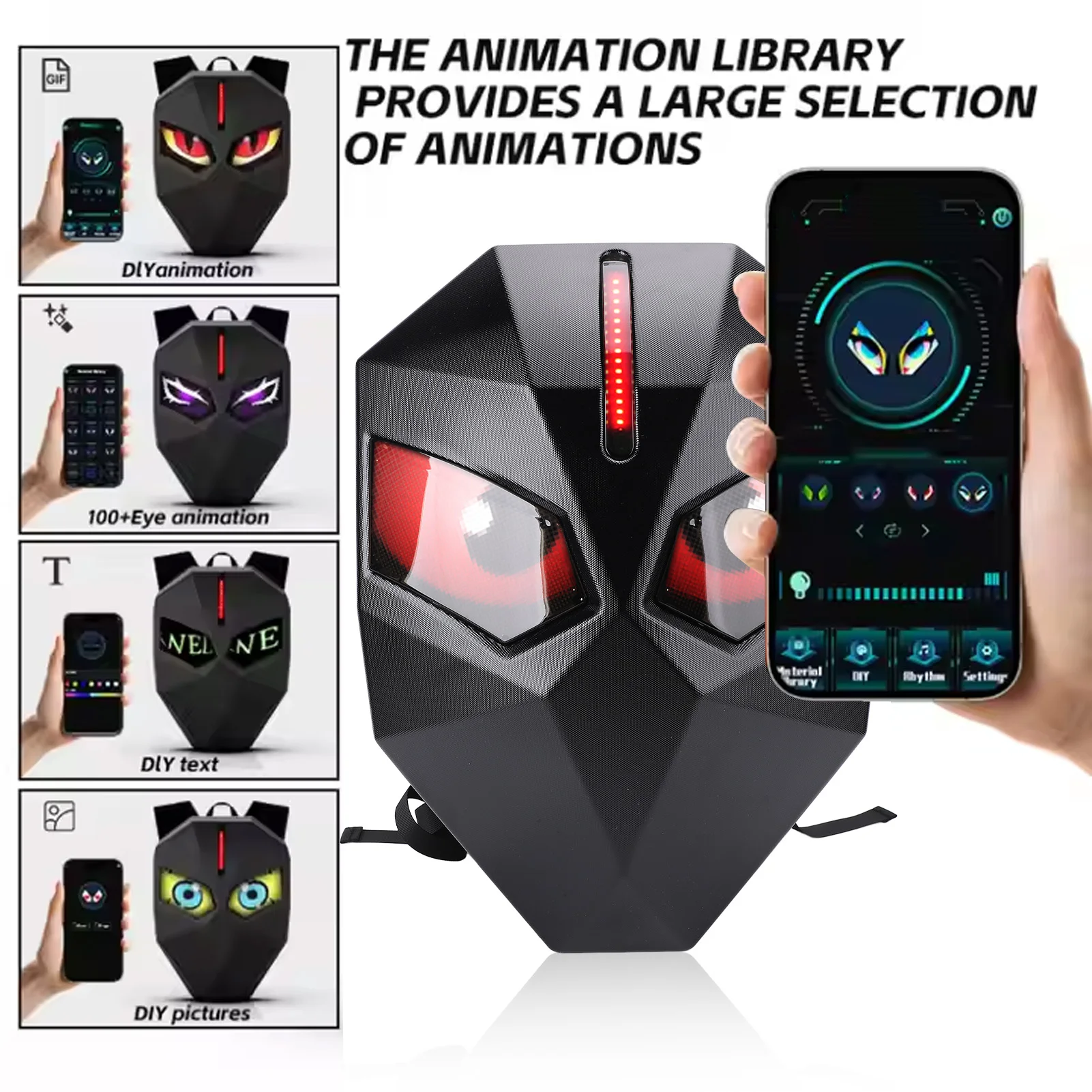 

Backpack Cycling LED Motorcycle Backpack Hard Shell with Eye 60x48 Pixels APP Control Programmable Screen Hard Shell Helmet Bag