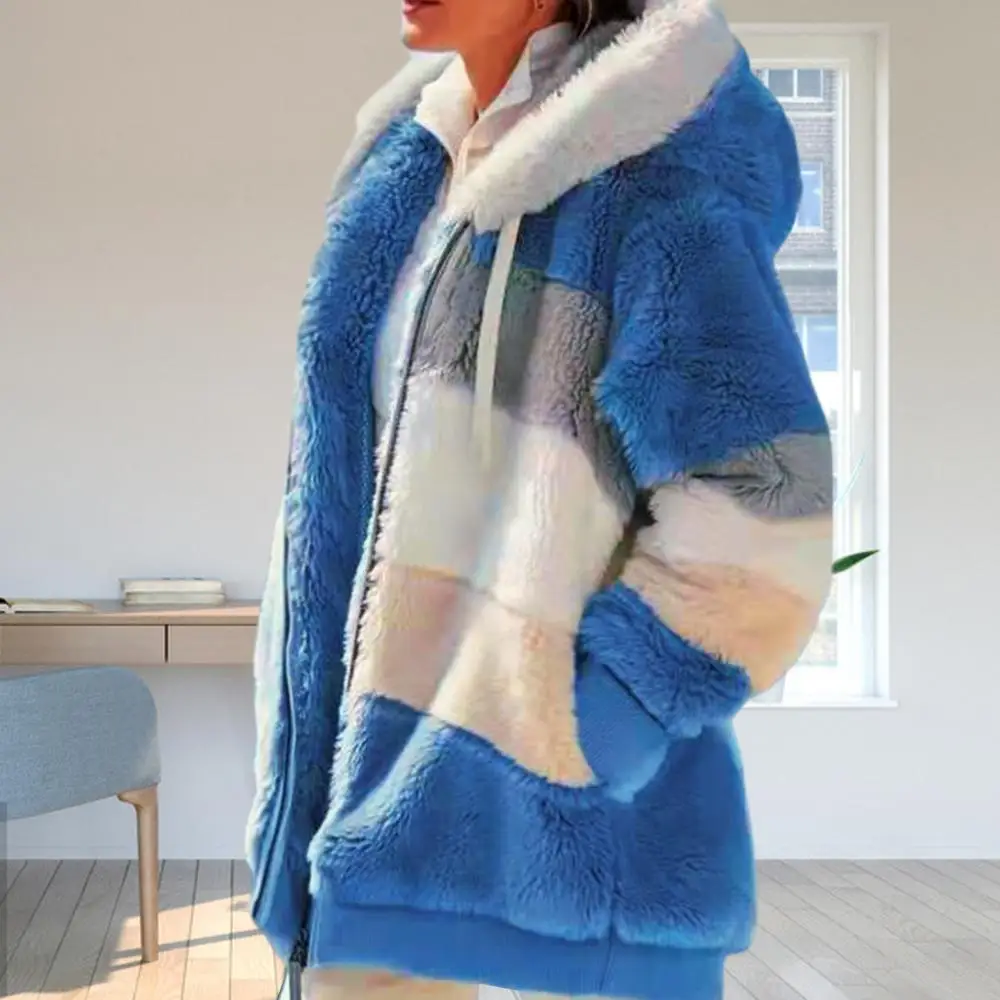 Giacca da donna autunno inverno manica lunga caldo Color Block Zipper Fluff cappotto oversize con cappuccio giacca abbigliamento femminile Streetwear