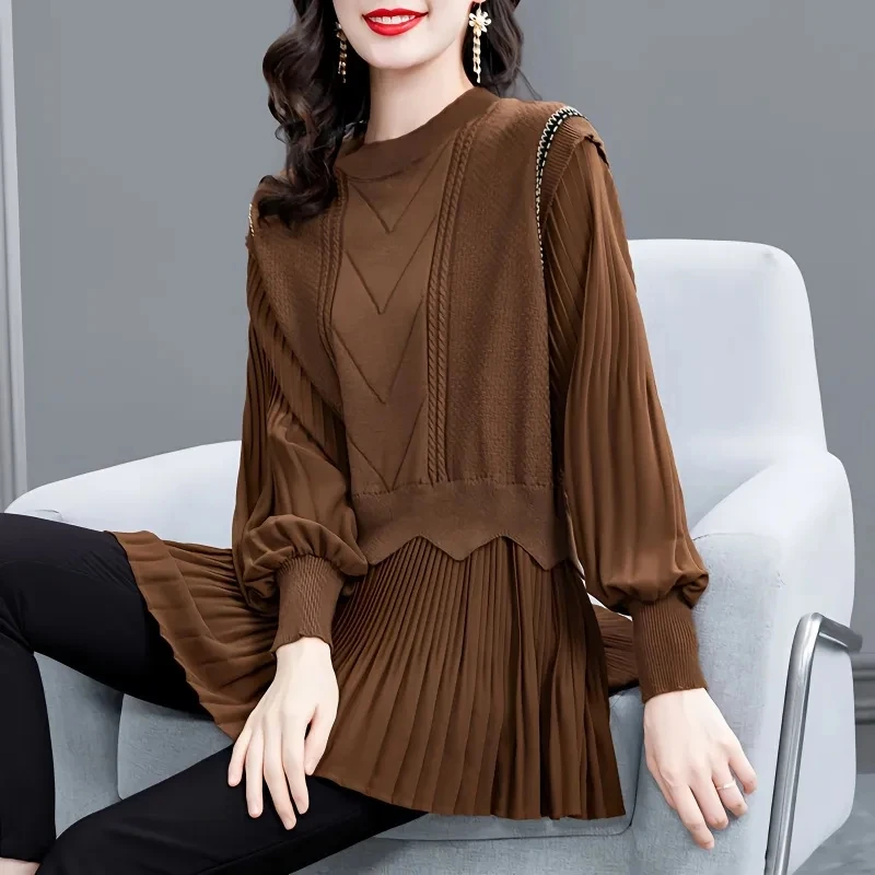 

Middle Aged Mother Long Sleeved Knitted Pullover Sweater Spring Autumn 2023 New Women Large Size Patchwork Knitting Jumper 4XL