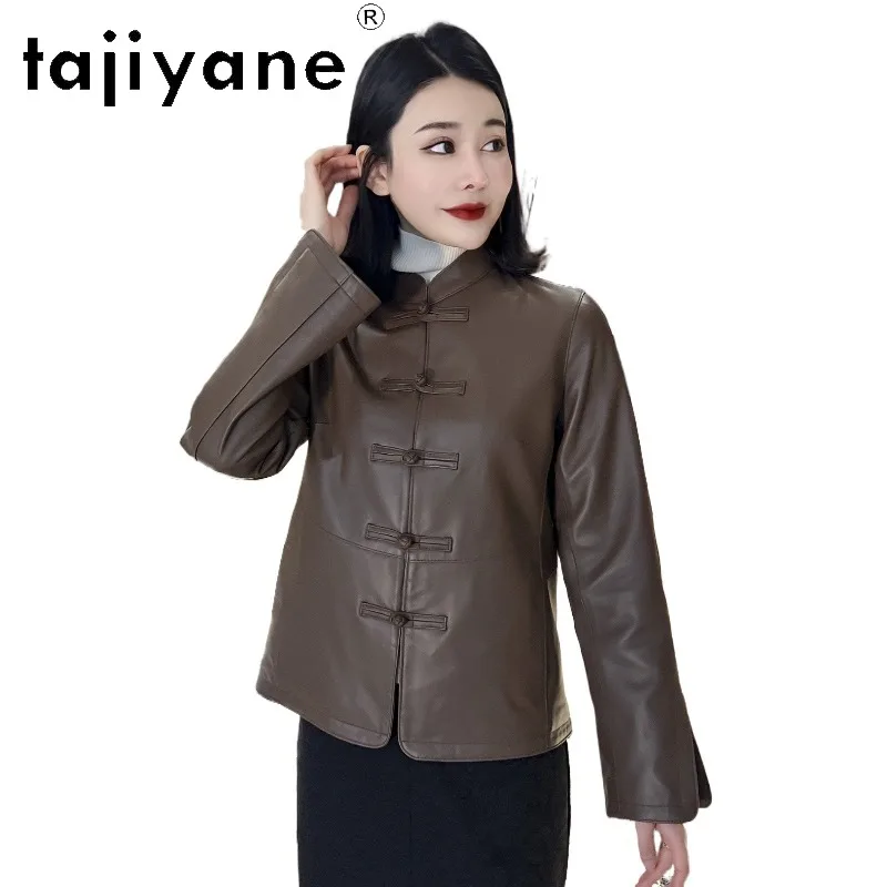 TAJIYANE Genuine Leather Jacket Woman Flare Sleeve Outerwear Slim Fit Sheepskin Leather Coat Retro Tang‑Button Jackets for Woman