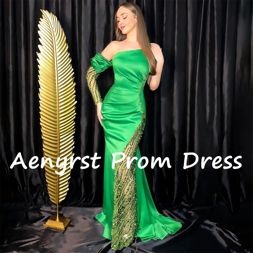 Aenyrst Verde monospalla con paillettes Arabia Saudita Abiti da ballo Sirena Abiti da sera in raso Lunghezza pavimento Abito da cerimonia formale