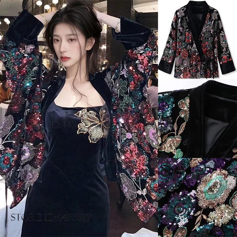 Luxury Kimono Cardigan Female Jacket Chinese Style Sequin Embroider Tang Suit Clothes Festival Gift Retro Coats Loose Outwear