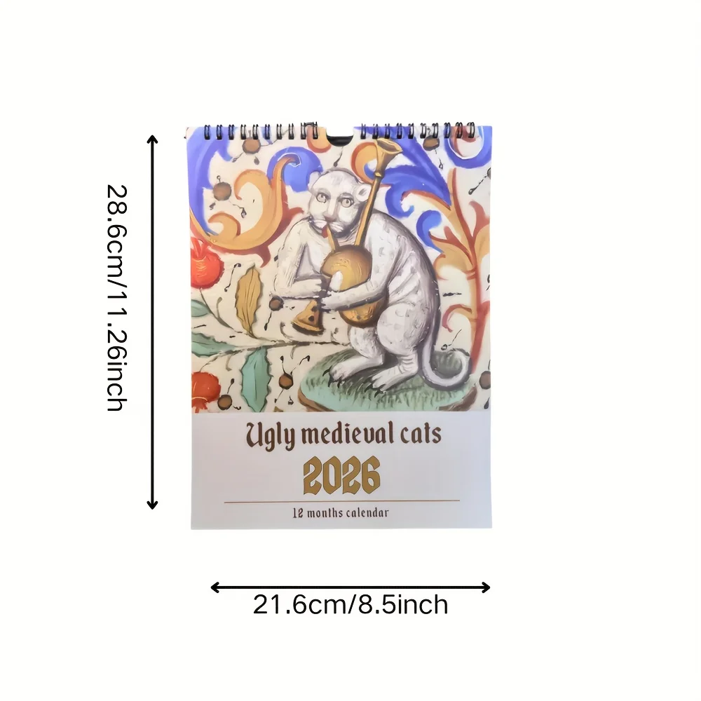 1 قطعة 2026 تقويم القطط في العصور الوسطى القبيح-تقويم حائط معلق على الطراز القوطي العتيق-ديكور مكتب المنزل-هدية عيد ميلاد لمحبي القطط #2