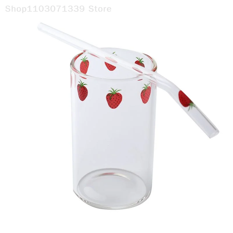 Ins Strawberry Glasses Heat Resistant Coffee Milk Water Cups with Straws Clear Cute Juice Smoothie Cold Drinks Straw Cup