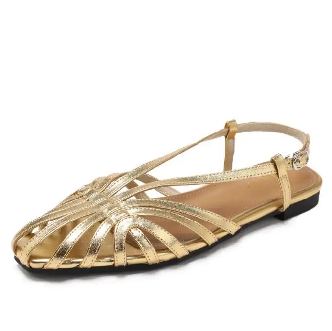 

Gold Weave Hollow Flat Women Sandals Summer Sexy Ankle Strap Slingback Sandals Comfortable Vacation Shoes Women