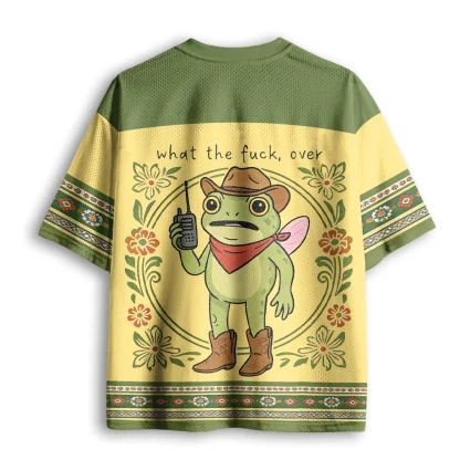 Vintage Frog Pattern Mesh V Neck Short Sleeve Jersey Men Casual Loose Summer Street T-shirt